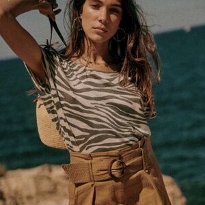 Sezane André T-shirt Zèbre Écru / Kaki - Size M